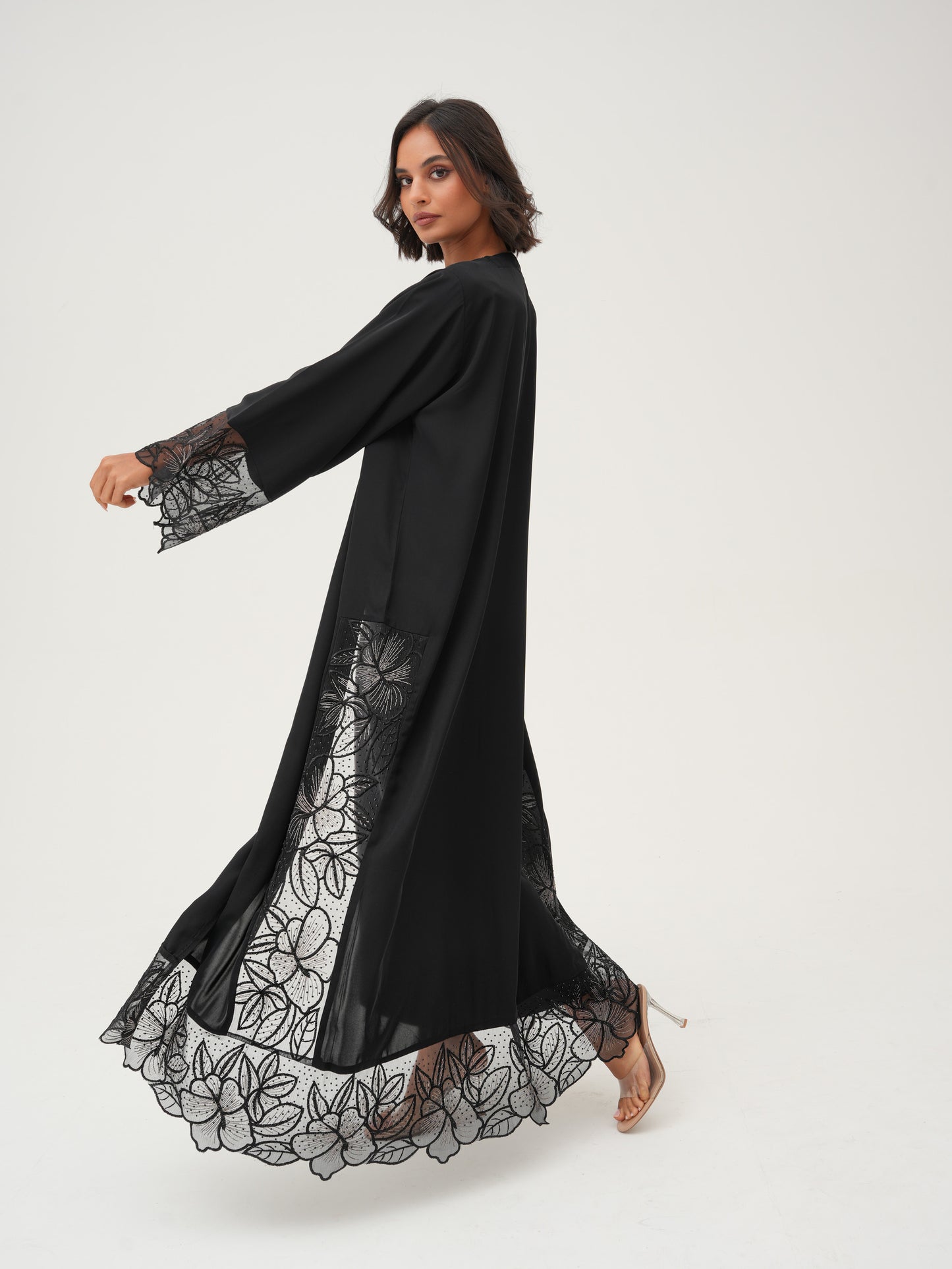 Intricate lace details abaya