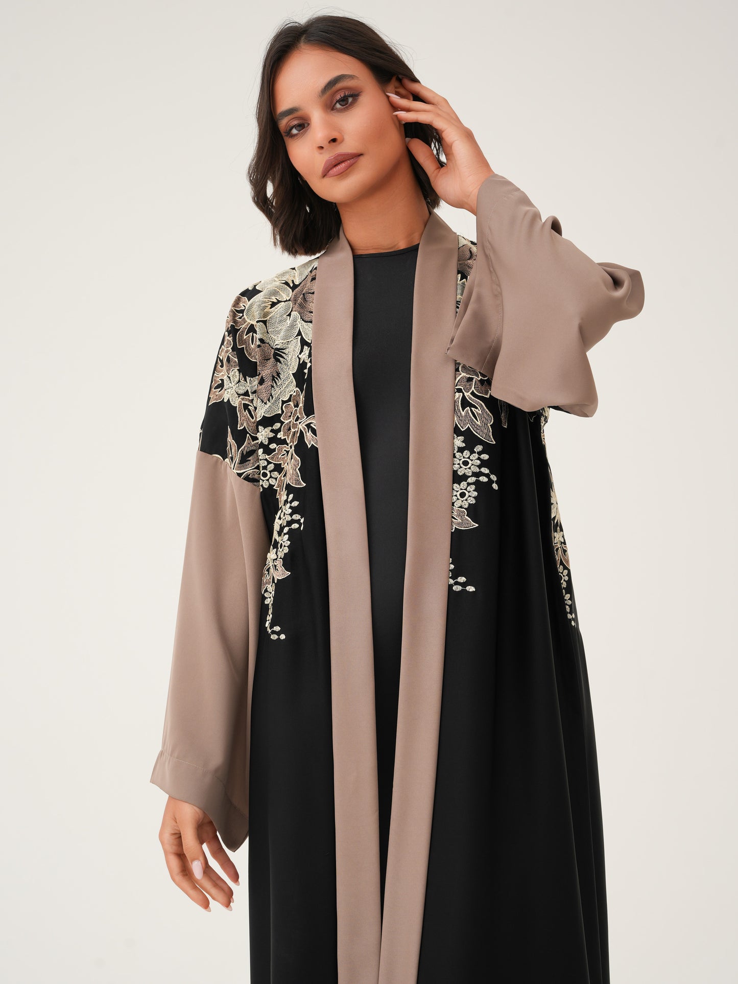 Black and beige contrast Abaya and exquisite Floral Embroidery on the shoulder