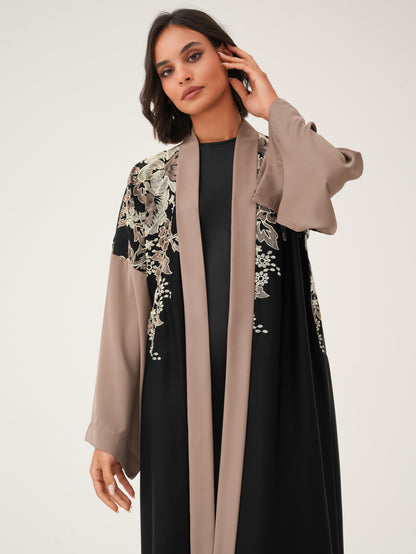 Black and beige contrast Abaya and exquisite Floral Embroidery on the shoulder