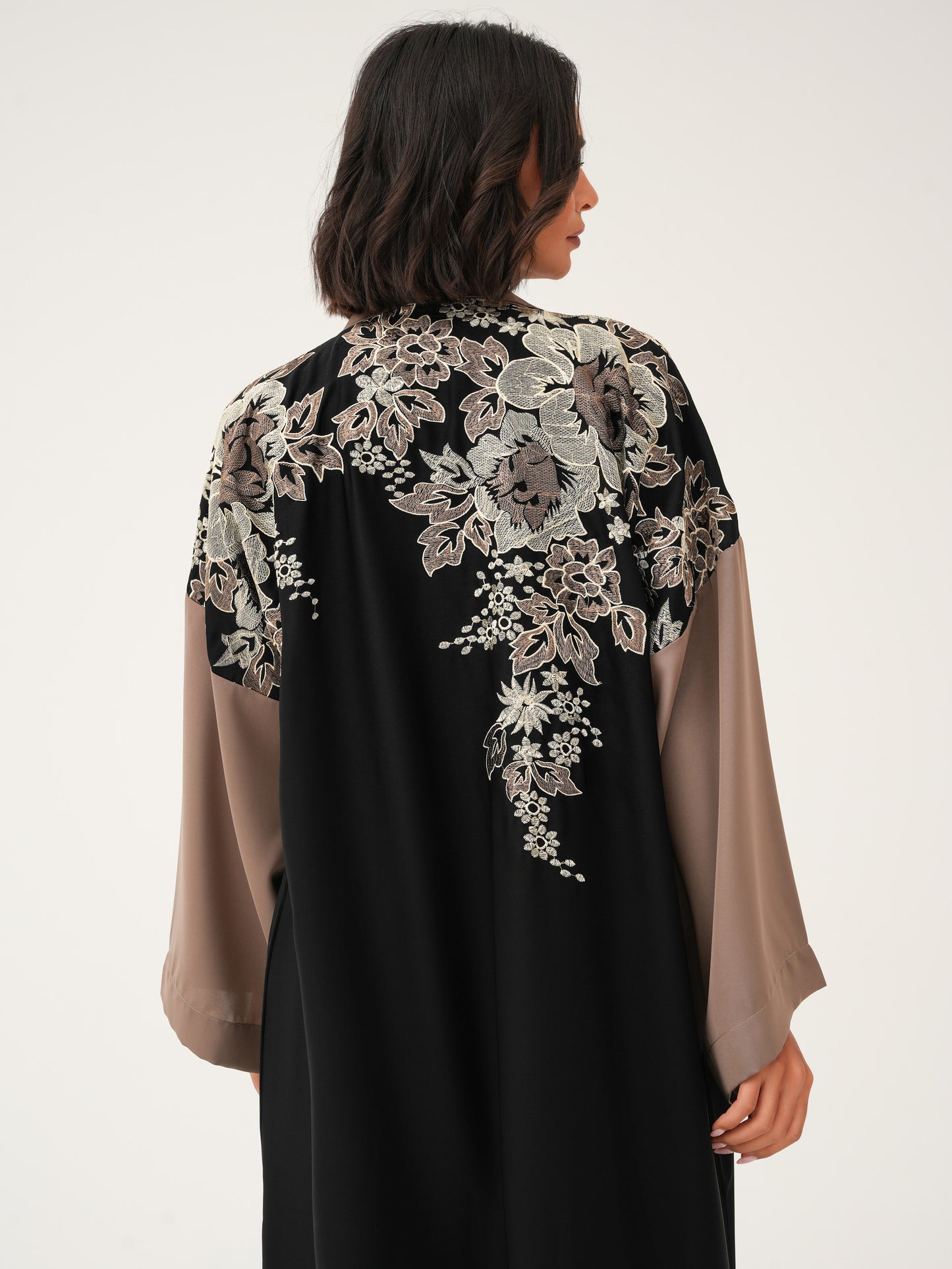 Black and beige contrast Abaya and exquisite Floral Embroidery on the shoulder