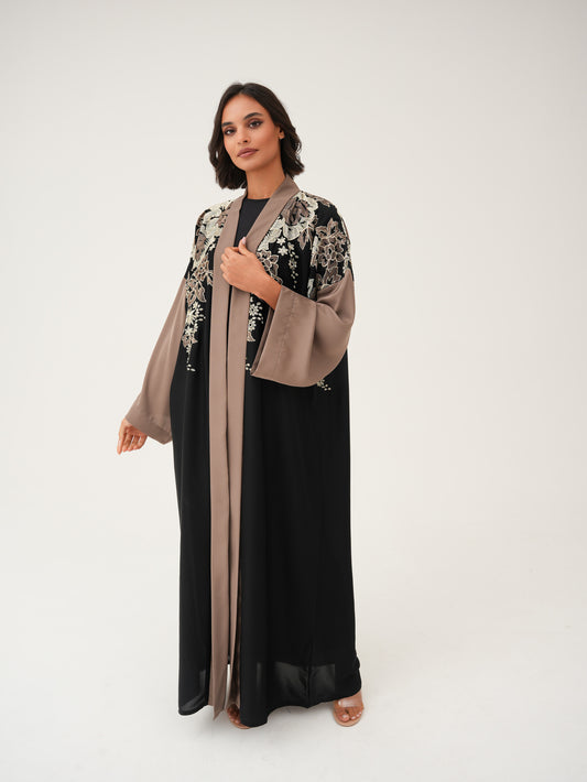 Black and beige contrast Abaya and exquisite Floral Embroidery on the shoulder