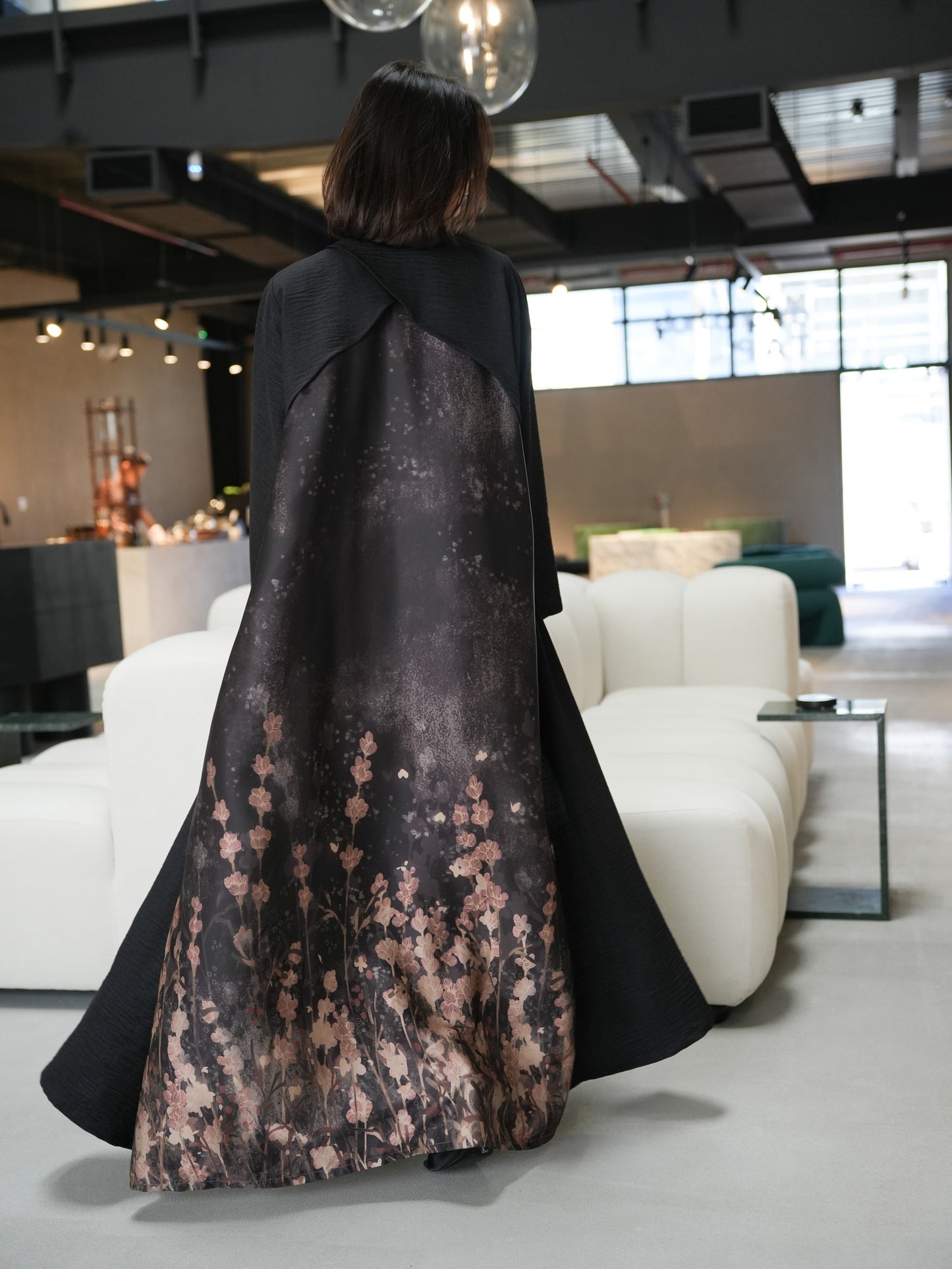 Abaya blended with floral silk and linen